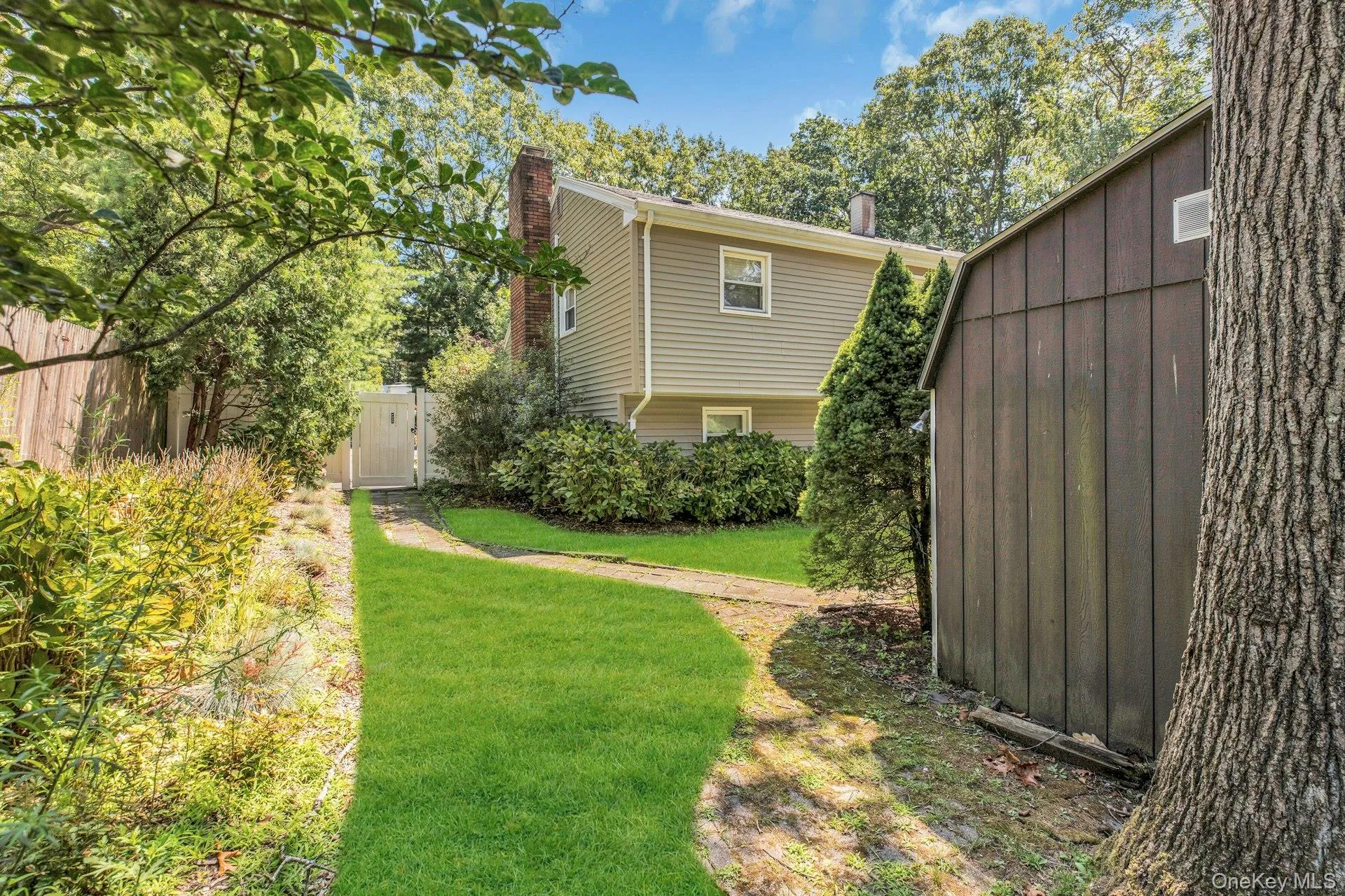 Spacious backyard oasis featuring a manicured lawn, mature tree canopy providing natural shade, and a detached storage structure Spacious backyard oasis featuring a manicured lawn, mature tree canopy providing natural shade, and a detached storage structure