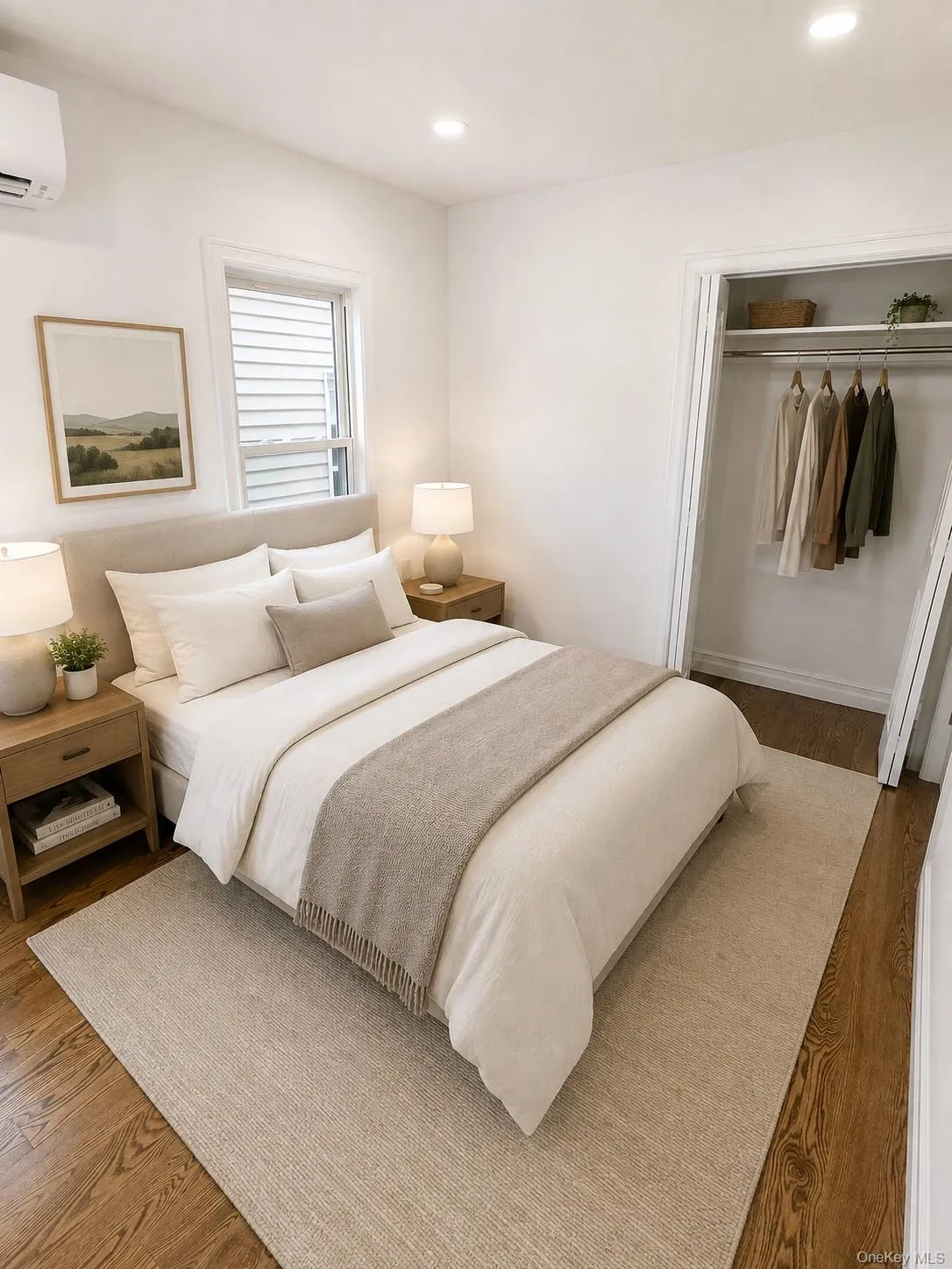 Bright bedroom featuring wood-finish flooring, recessed lighting, and a window with natural light Bright bedroom featuring wood-finish flooring, recessed lighting, and a window with natural light