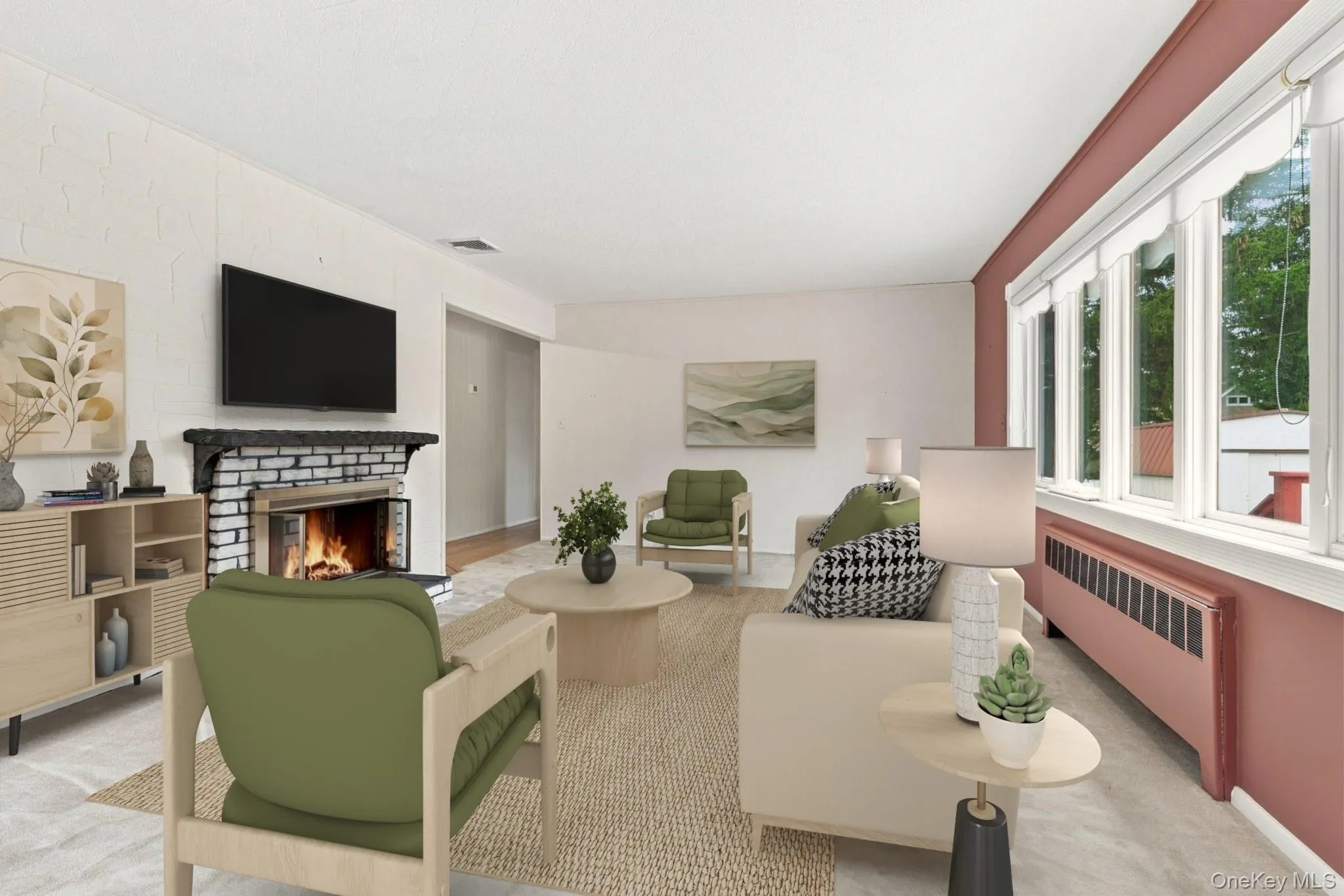 Sun-filled living room with an abundance of windows and a wood-burning fireplace Sun-filled living room with an abundance of windows and a wood-burning fireplace