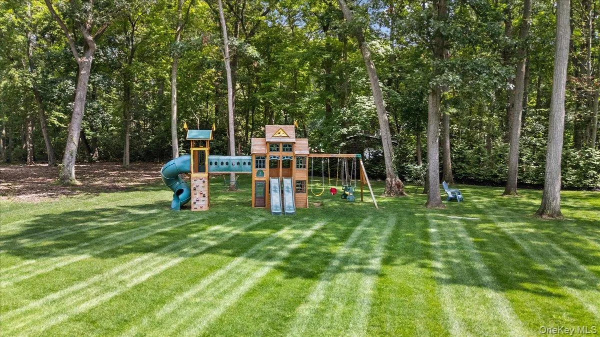Expansive backyard featuring a manicured lawn, dense tree line, and a multi-level playset with slides and swings Expansive backyard featuring a manicured lawn, dense tree line, and a multi-level playset with slides and swings