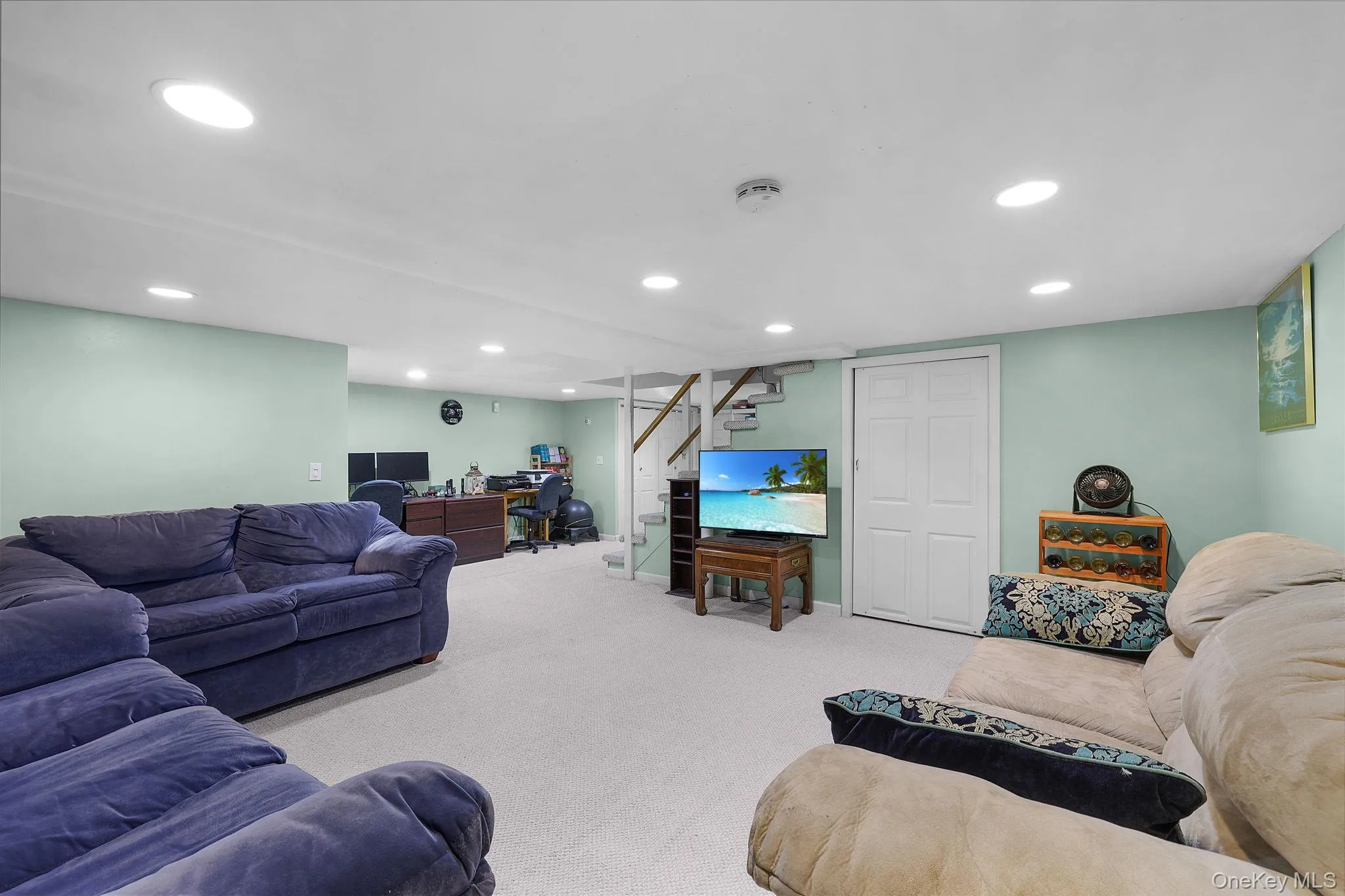 Carpeted Walk out Finished Basement, Recessed Lights Carpeted Walk out Finished Basement, Recessed Lights