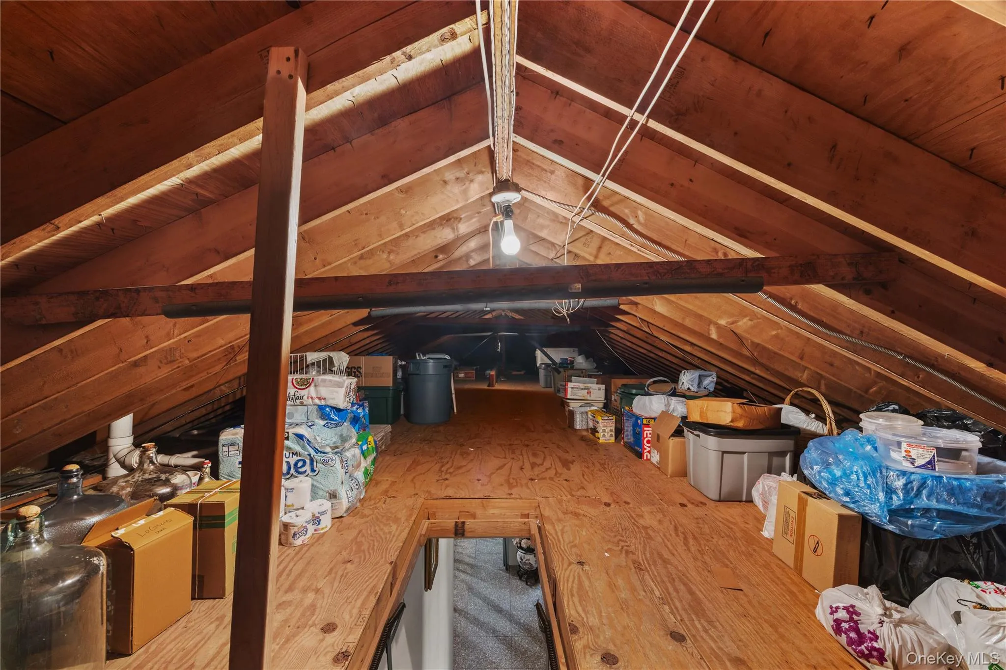 Attic space featuring exposed wood rafter beams, wood-finish flooring, and a central light fixture Attic space featuring exposed wood rafter beams, wood-finish flooring, and a central light fixture