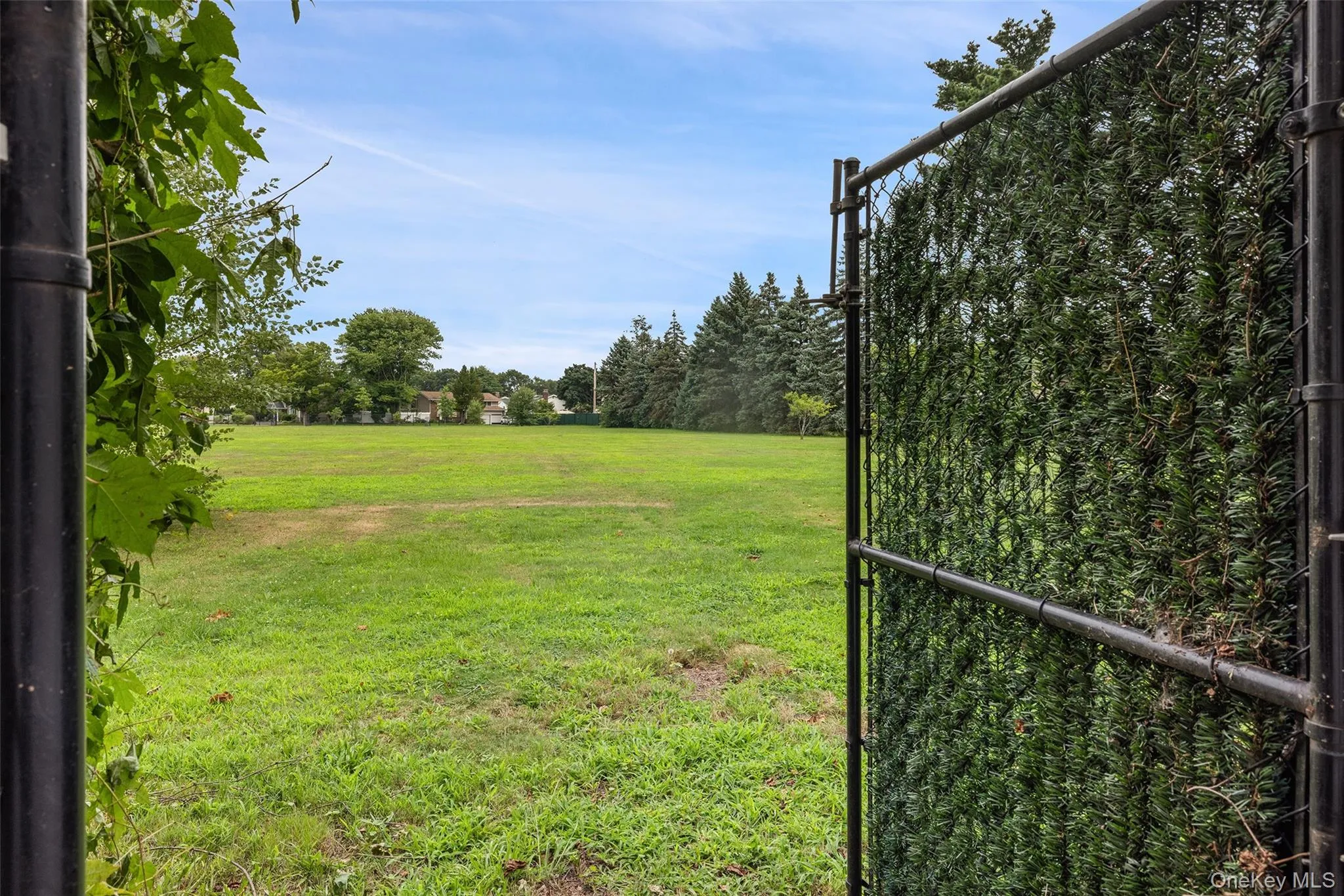 Extended backyard with open field with playground in far corner adjacent to elementary school Extended backyard with open field with playground in far corner adjacent to elementary school