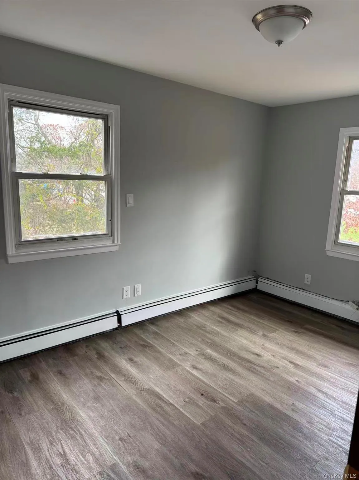 Empty room with a baseboard radiator and light wood-style floors Empty room with a baseboard radiator and light wood-style floors