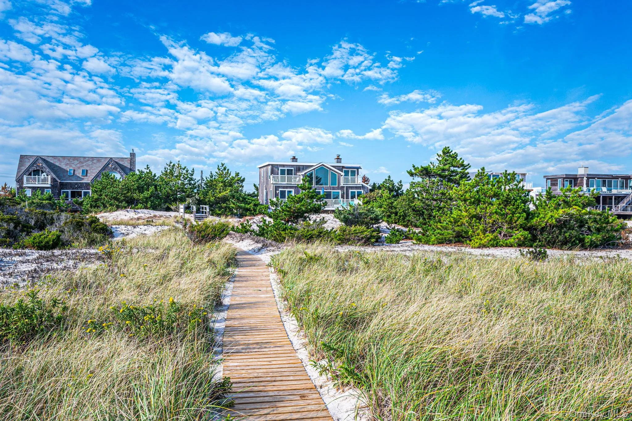 Elevated coastal property featuring complemented by surrounding mature trees and a wooden boardwalk