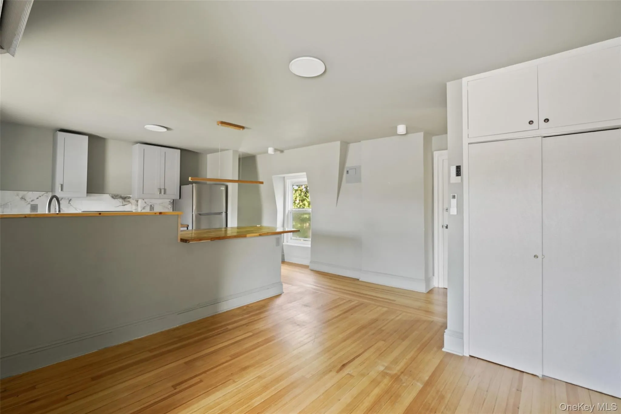 Living room with storage/closet looking towards open kitchen Living room with storage/closet looking towards open kitchen