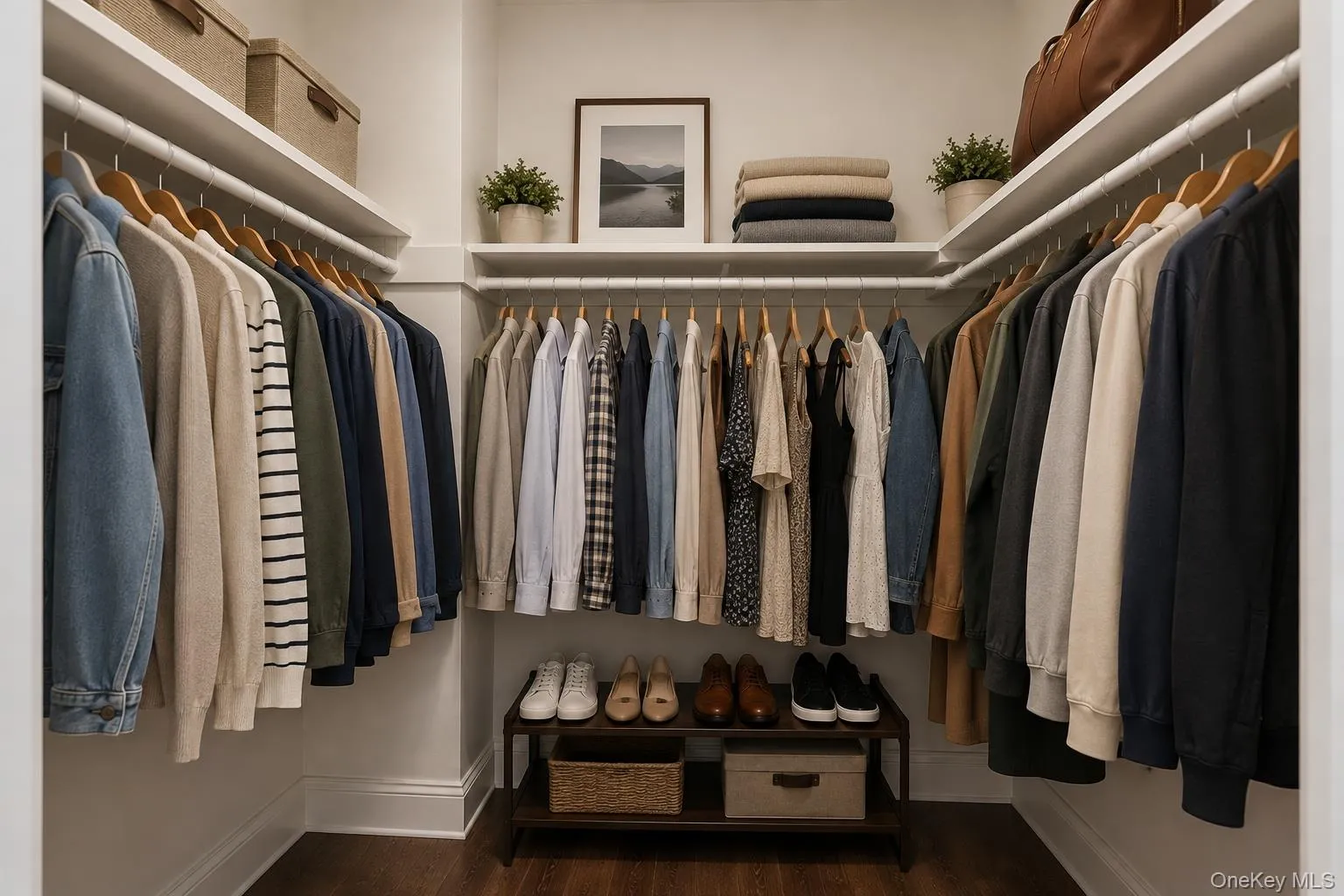 Walk-in closet with multiple hanging rods, overhead shelving, and vinyl flooring Walk-in closet with multiple hanging rods, overhead shelving, and vinyl flooring