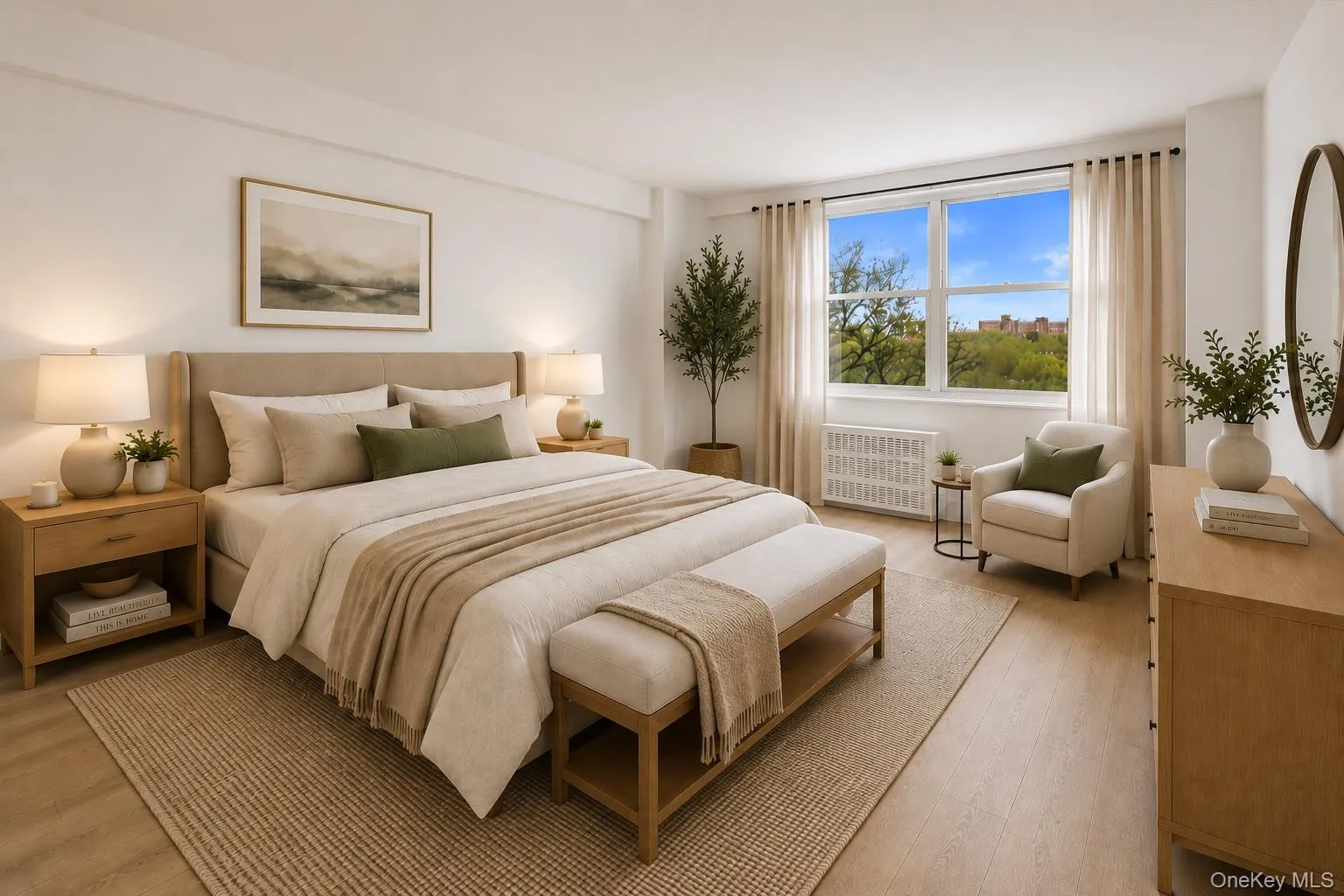 Vinyl flooring, large window with ample natural light, and a built-in wall radiator Vinyl flooring, large window with ample natural light, and a built-in wall radiator