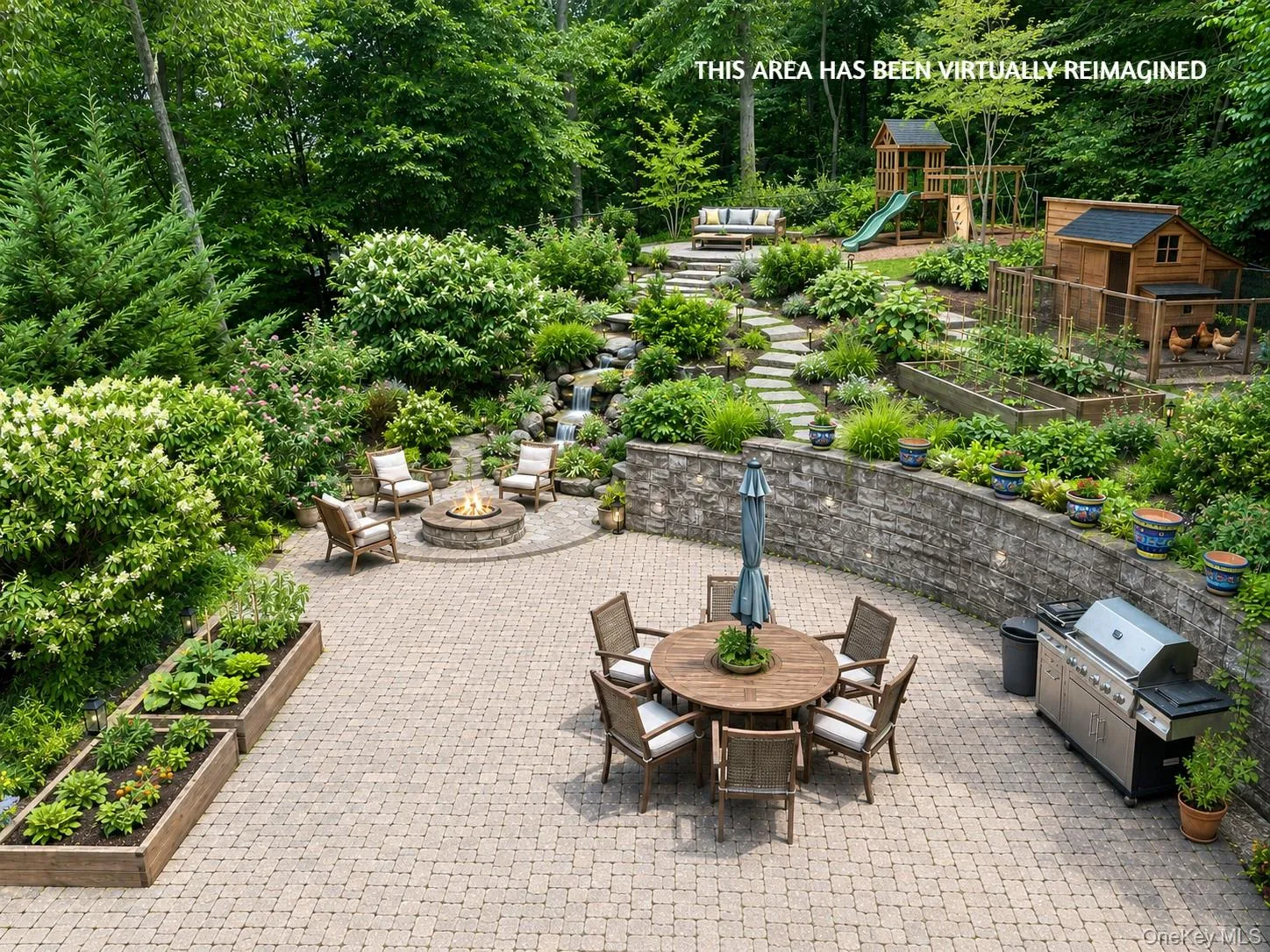 Virtually reimagined yard with firepit, play area and chicken coop Virtually reimagined yard with firepit, play area and chicken coop
