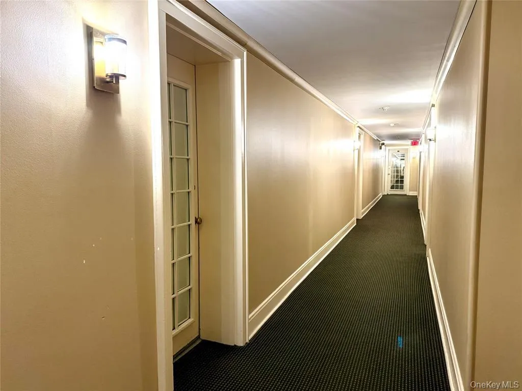 Hallway featuring ornamental molding and dark carpet Hallway featuring ornamental molding and dark carpet