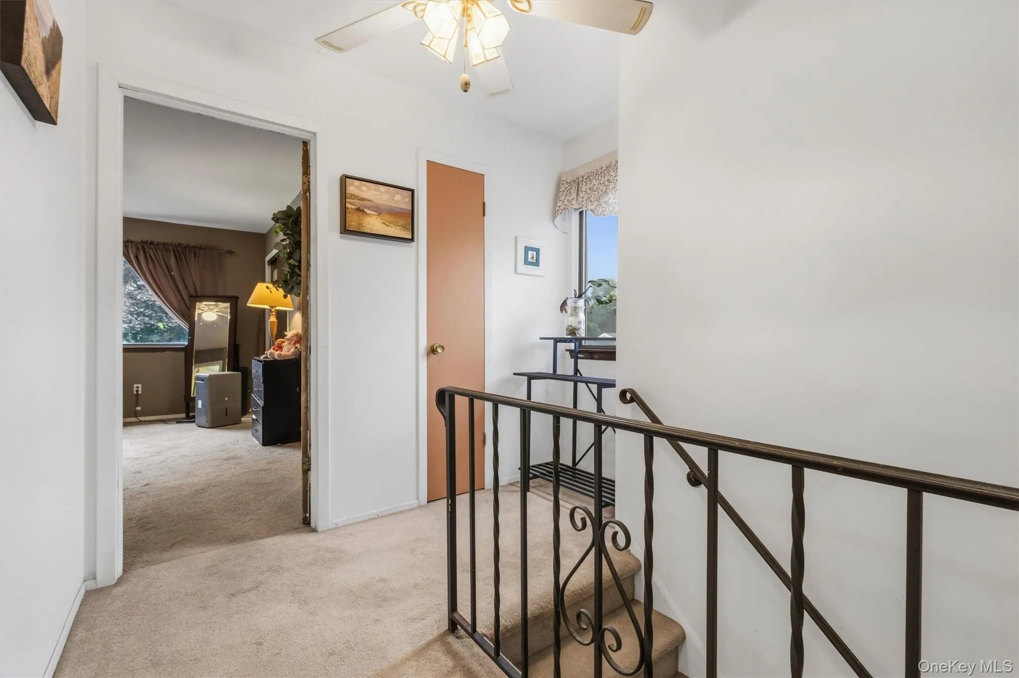 At the top of the stairs is a garden nook for plants and carpeted hallway At the top of the stairs is a garden nook for plants and carpeted hallway