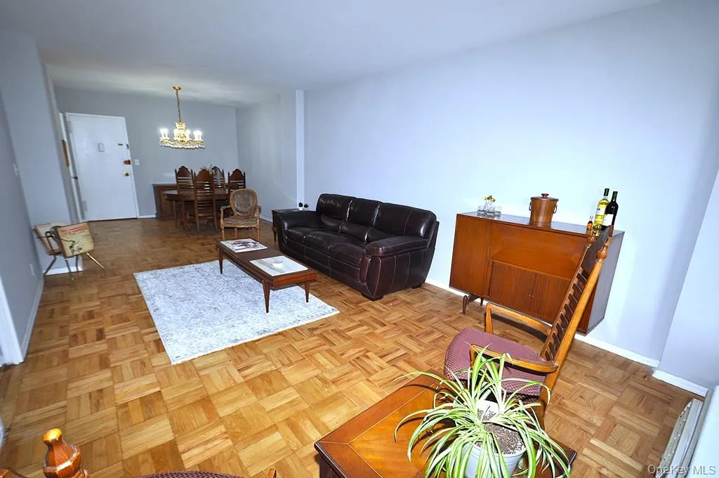 The large living room opens to the dining foyer, has parquet floors and a door to the private balcony. The living room is approx 23'-4" x 11'-2" plus the dining area of an additional 11'3" x 11'-3". The large living room opens to the dining foyer, has parquet floors and a door to the private balcony. The living room is approx 23'-4" x 11'-2" plus the dining area of an additional 11'3" x 11'-3".