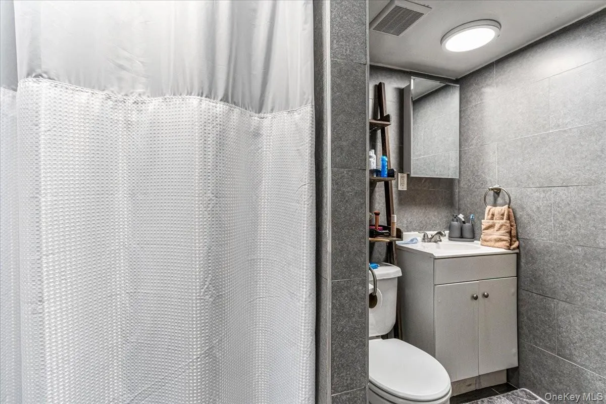 The bathroom is fully finished with modern grey wall tiling, a clean white vanity, and bright overhead lighting. This additional full bath includes a standalone shower setup, adding incredible convenience and functionality to the lower living space. The bathroom is fully finished with modern grey wall tiling, a clean white vanity, and bright overhead lighting. This additional full bath includes a standalone shower setup, adding incredible convenience and functionality to the lower living space.