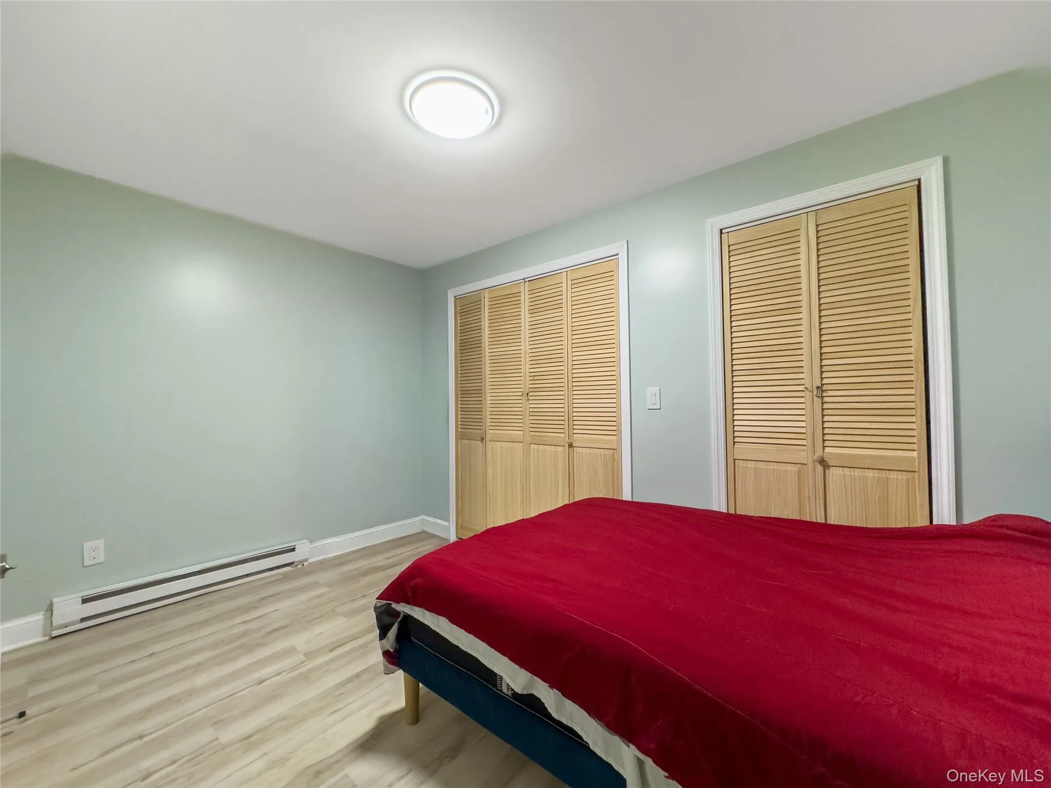 Spacious bedroom featuring soft sage-green walls, wood-finish flooring, and dual louvered closet doors with natural wood frames Spacious bedroom featuring soft sage-green walls, wood-finish flooring, and dual louvered closet doors with natural wood frames