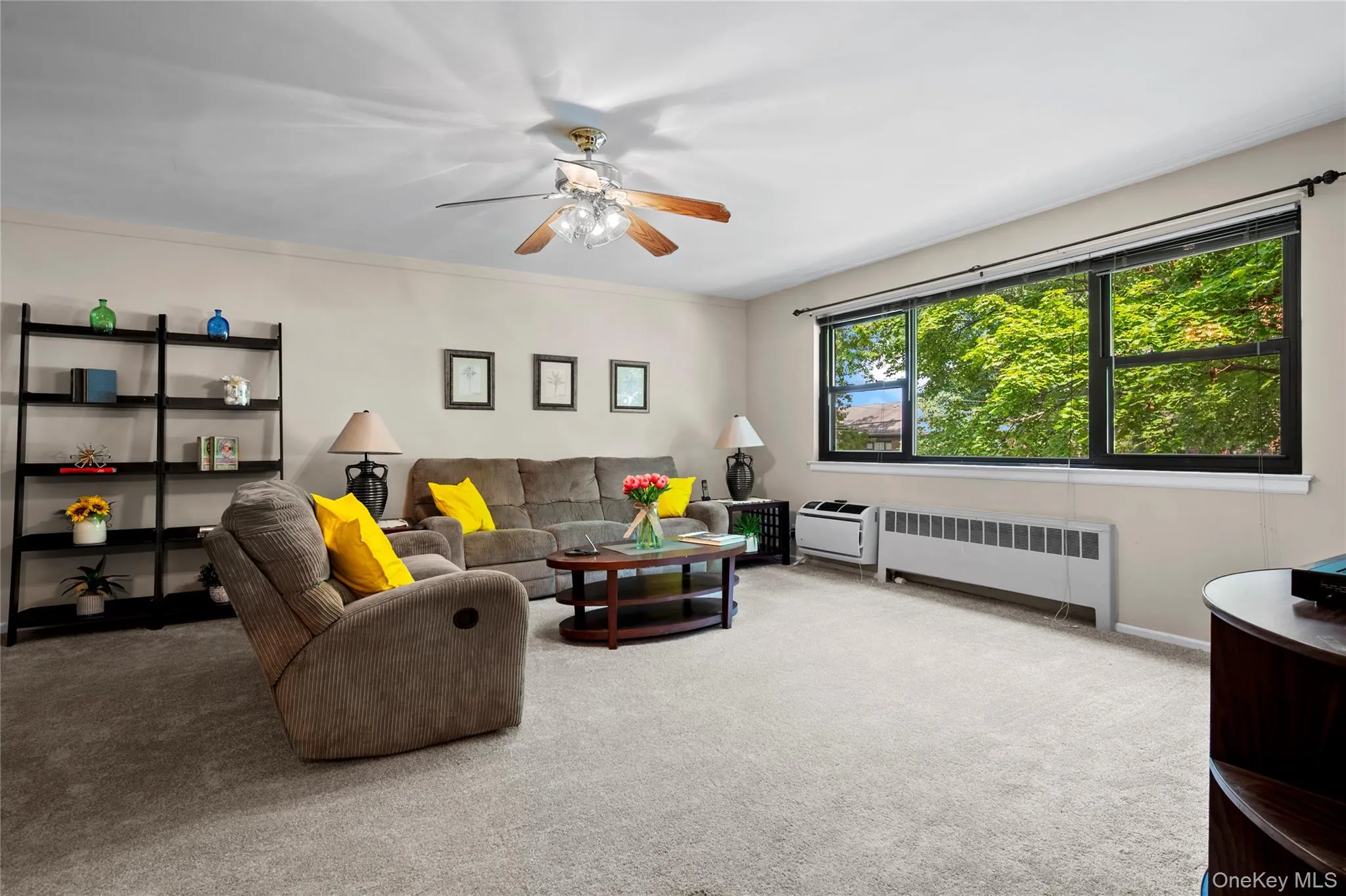 Bright living room with window AC and ceiling fan Bright living room with window AC and ceiling fan