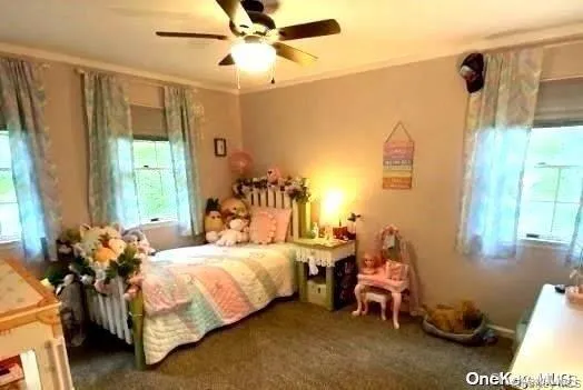 Carpeted bedroom featuring a ceiling fan and crown molding Carpeted bedroom featuring a ceiling fan and crown molding