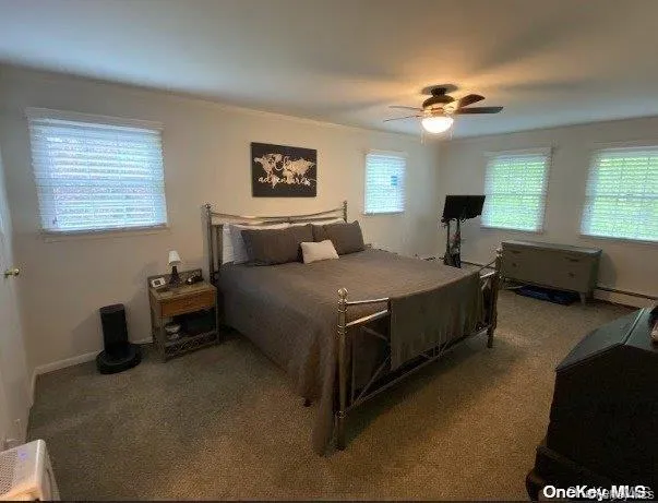 Bedroom featuring a ceiling fan, baseboard heating, and carpet floors Bedroom featuring a ceiling fan, baseboard heating, and carpet floors