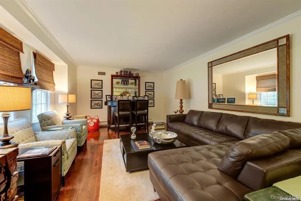 Living room featuring dark wood-style floors, ornamental molding, and a baseboard heating unit Living room featuring dark wood-style floors, ornamental molding, and a baseboard heating unit