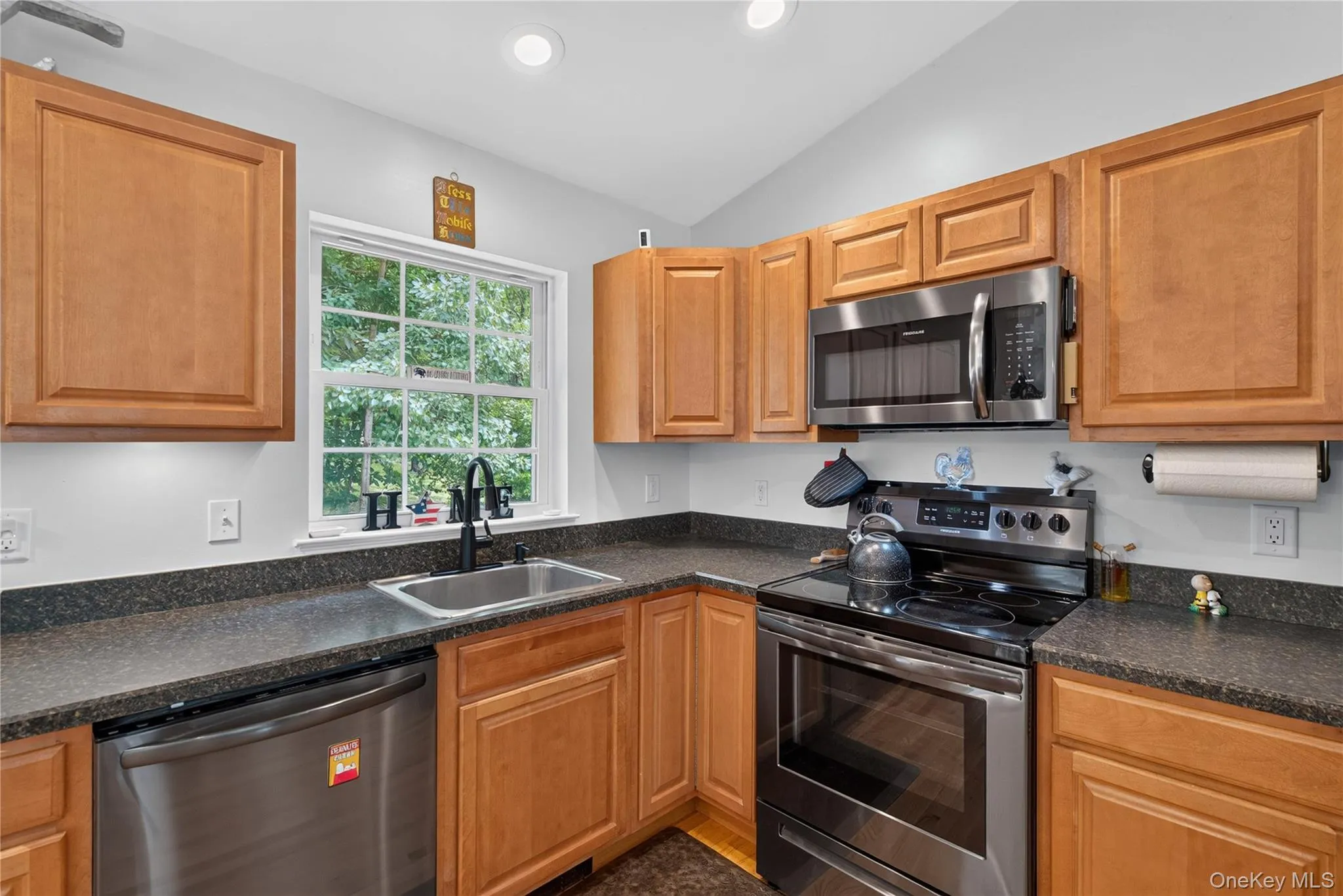 Kitchen featuring wood cabinetry, stainless steel appliances, dark countertops, and a window Kitchen featuring wood cabinetry, stainless steel appliances, dark countertops, and a window
