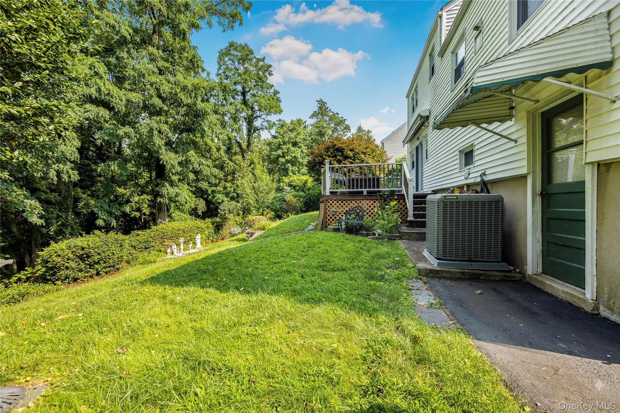 Lush green lawn surrounded by mature trees and varied shrubbery Lush green lawn surrounded by mature trees and varied shrubbery