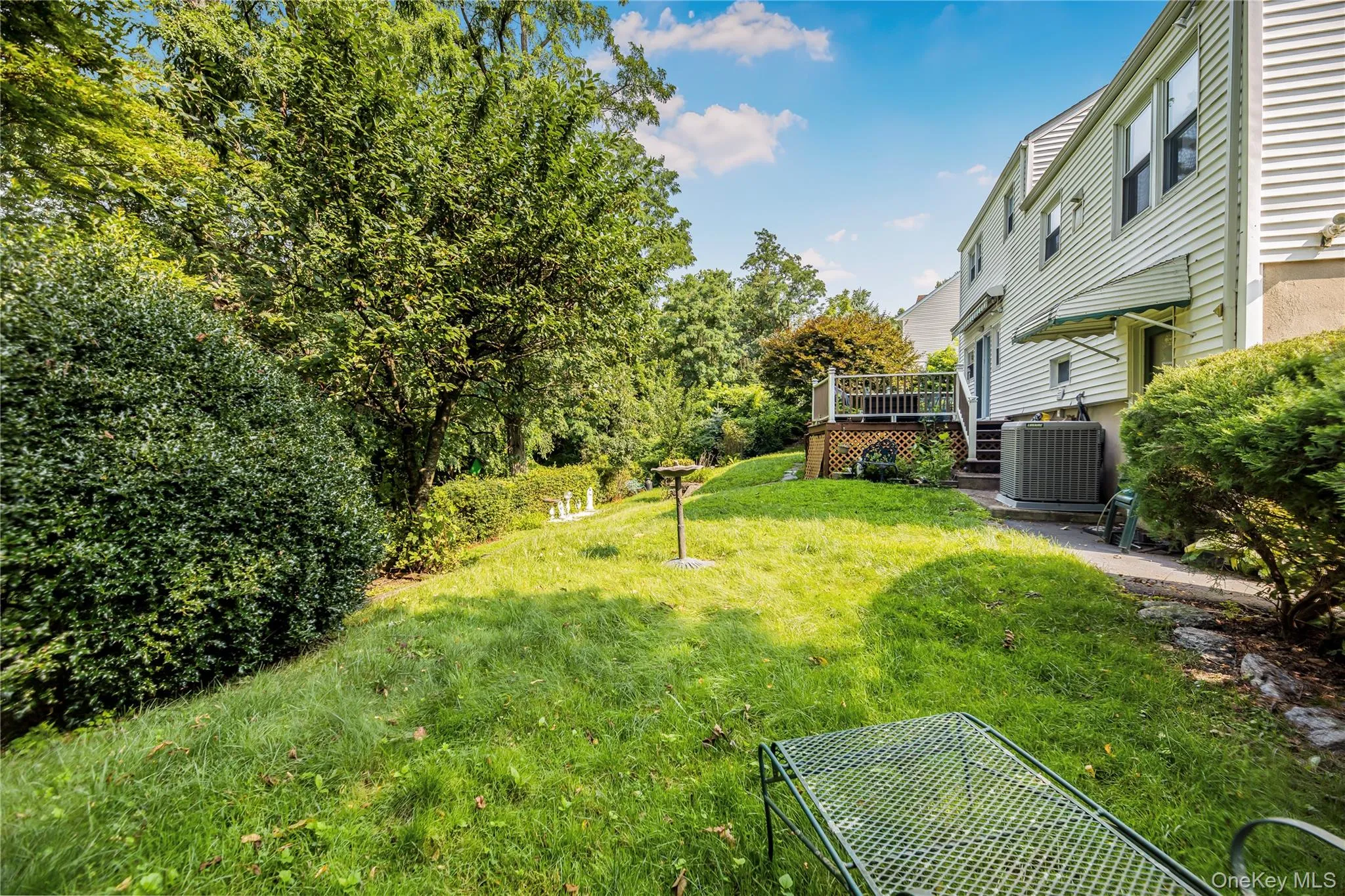 Lush green lawn surrounded by mature trees and varied shrubbery Lush green lawn surrounded by mature trees and varied shrubbery