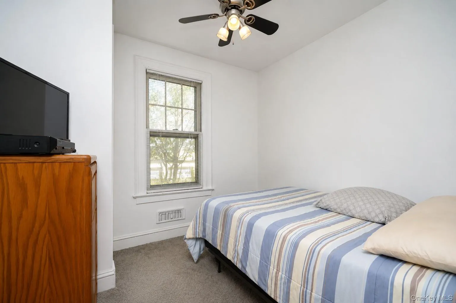 Single pane window with white trim, ceiling fan light fixture, and carpeted flooring Single pane window with white trim, ceiling fan light fixture, and carpeted flooring