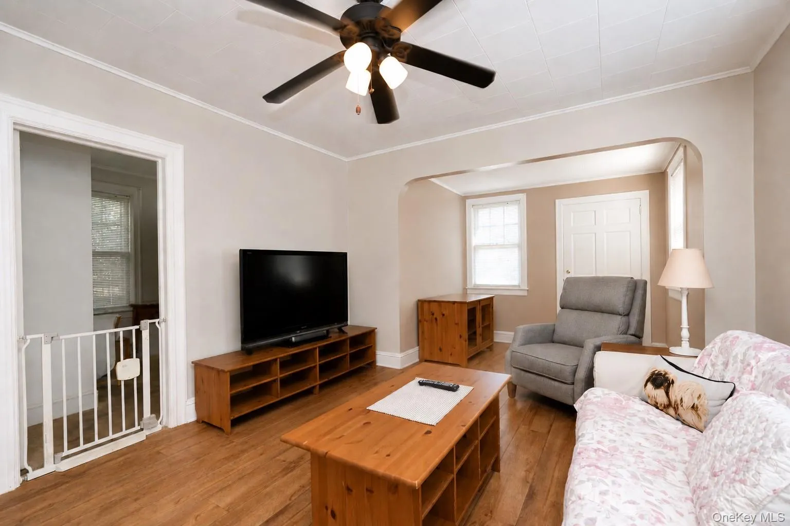 Wood-finish flooring throughout, ceiling fan with integrated lighting, painted walls, and white trim Wood-finish flooring throughout, ceiling fan with integrated lighting, painted walls, and white trim