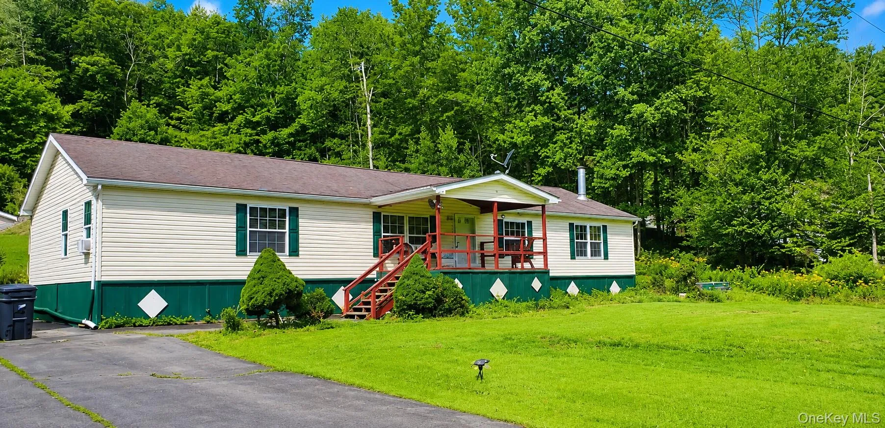 Paved driveway with an expansive grassy area Paved driveway with an expansive grassy area
