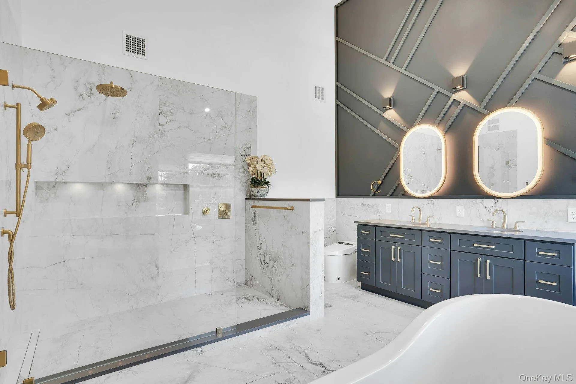 Soaring ceilings and marble shower. Soaring ceilings and marble shower.