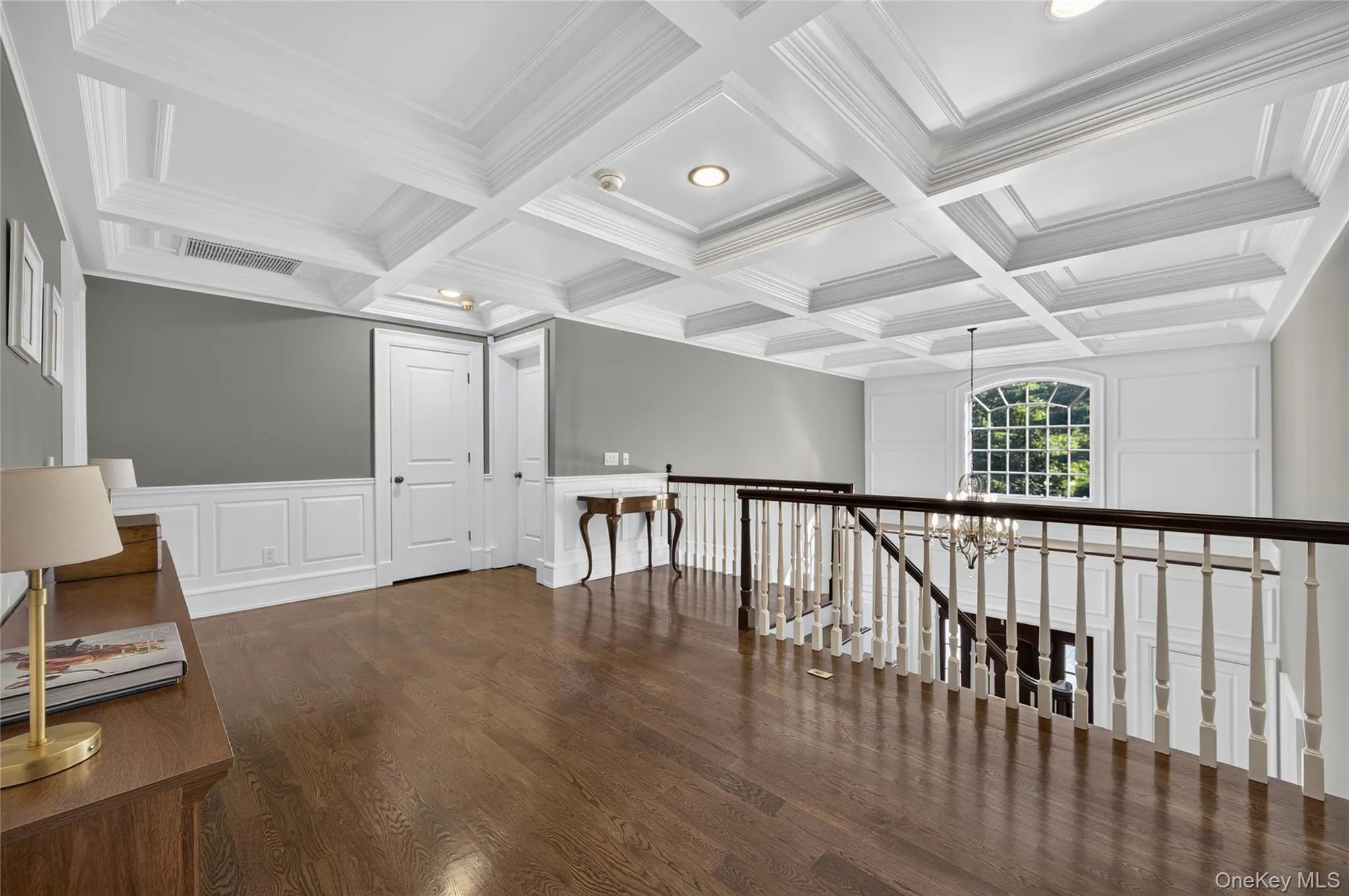 Second story landing w/coffered ceiling, motorized chandelier lift Second story landing w/coffered ceiling, motorized chandelier lift