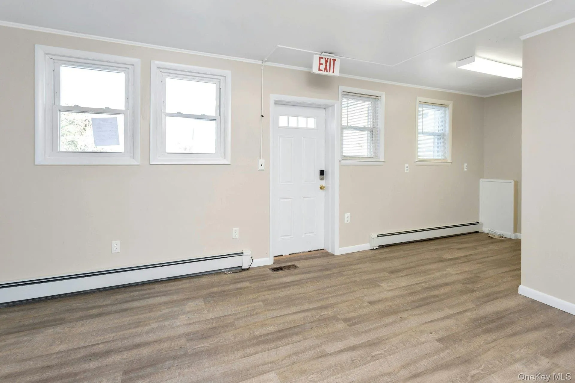 Spare room with crown molding, light hardwood / wood-style flooring, and a baseboard radiator Spare room with crown molding, light hardwood / wood-style flooring, and a baseboard radiator