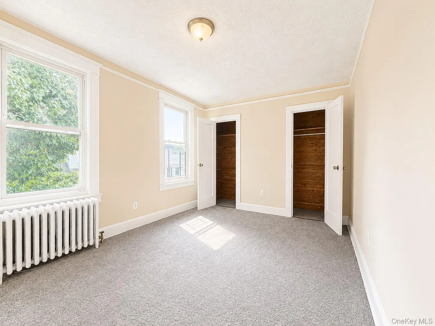 Two windows, light beige wall paint, two open closets with wood-paneled interiors, gray carpeting, and a ceiling-mounted light fixture Two windows, light beige wall paint, two open closets with wood-paneled interiors, gray carpeting, and a ceiling-mounted light fixture