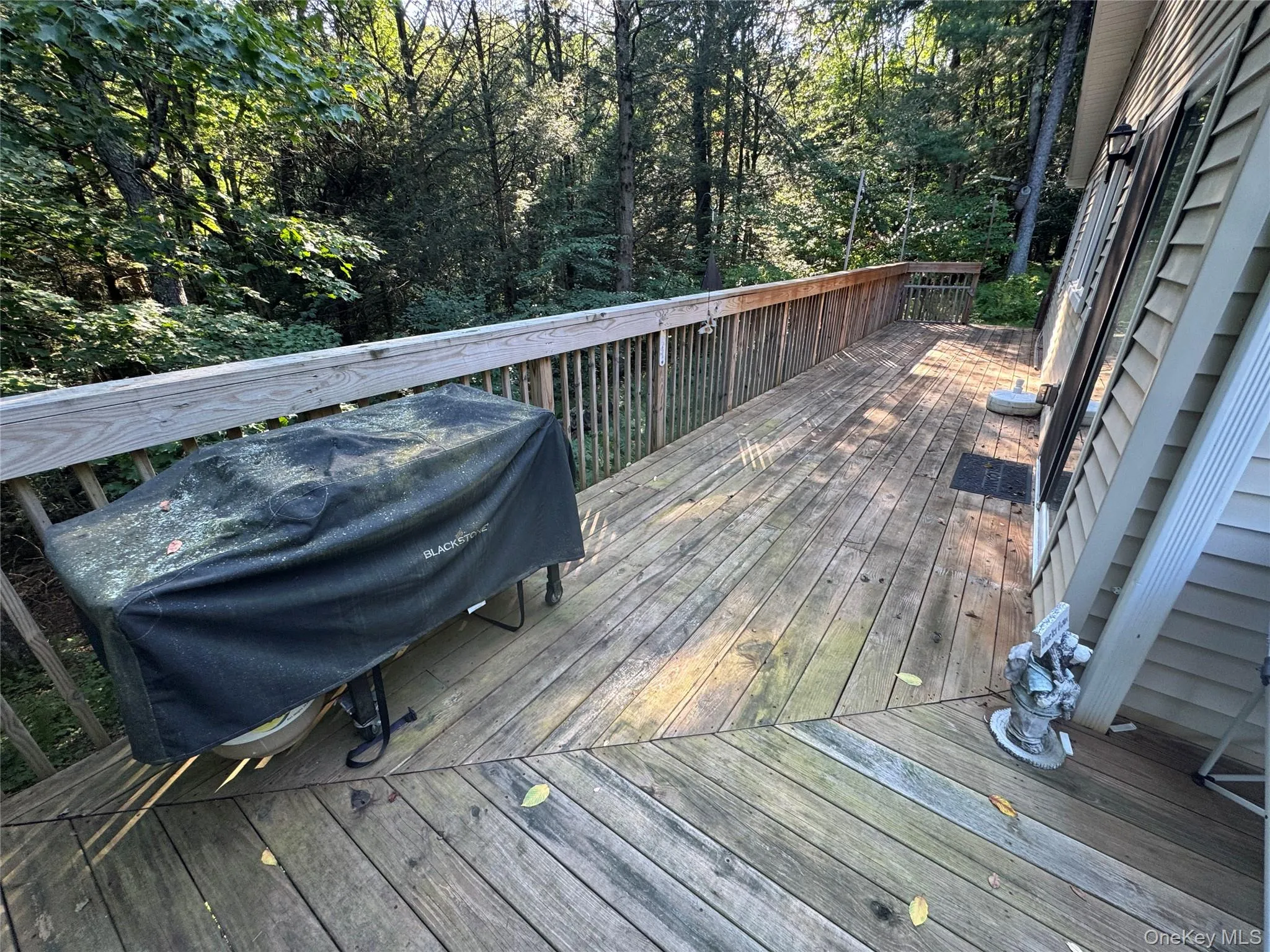 Expansive outdoor deck with wood-finish decking and perimeter railing Expansive outdoor deck with wood-finish decking and perimeter railing