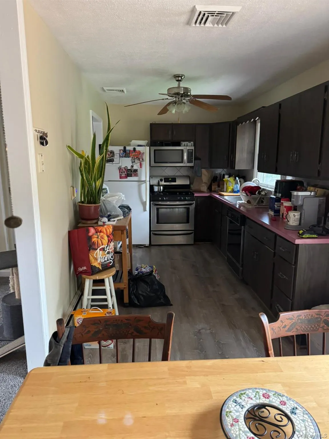 Kitchen featuring stainless steel appliances, a textured ceiling, dark wood-style floors, and ceiling fan Kitchen featuring stainless steel appliances, a textured ceiling, dark wood-style floors, and ceiling fan