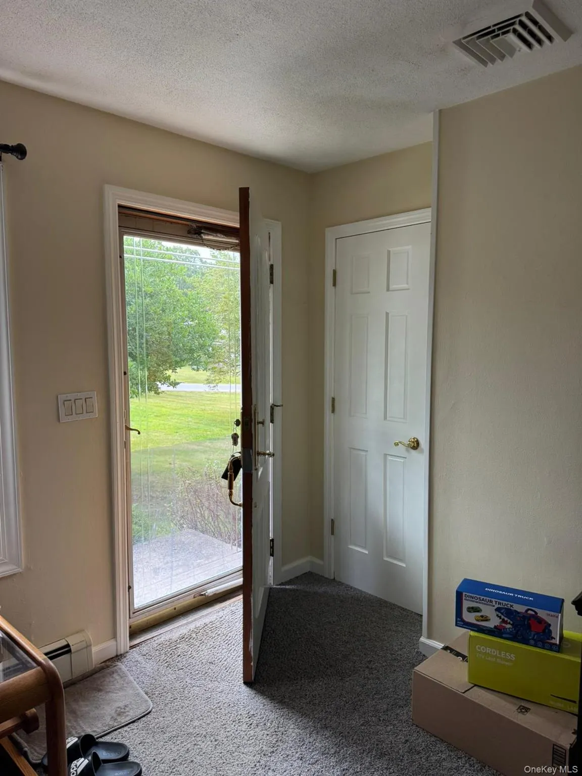 Doorway to outside featuring carpet flooring, a textured ceiling, and a baseboard radiator Doorway to outside featuring carpet flooring, a textured ceiling, and a baseboard radiator