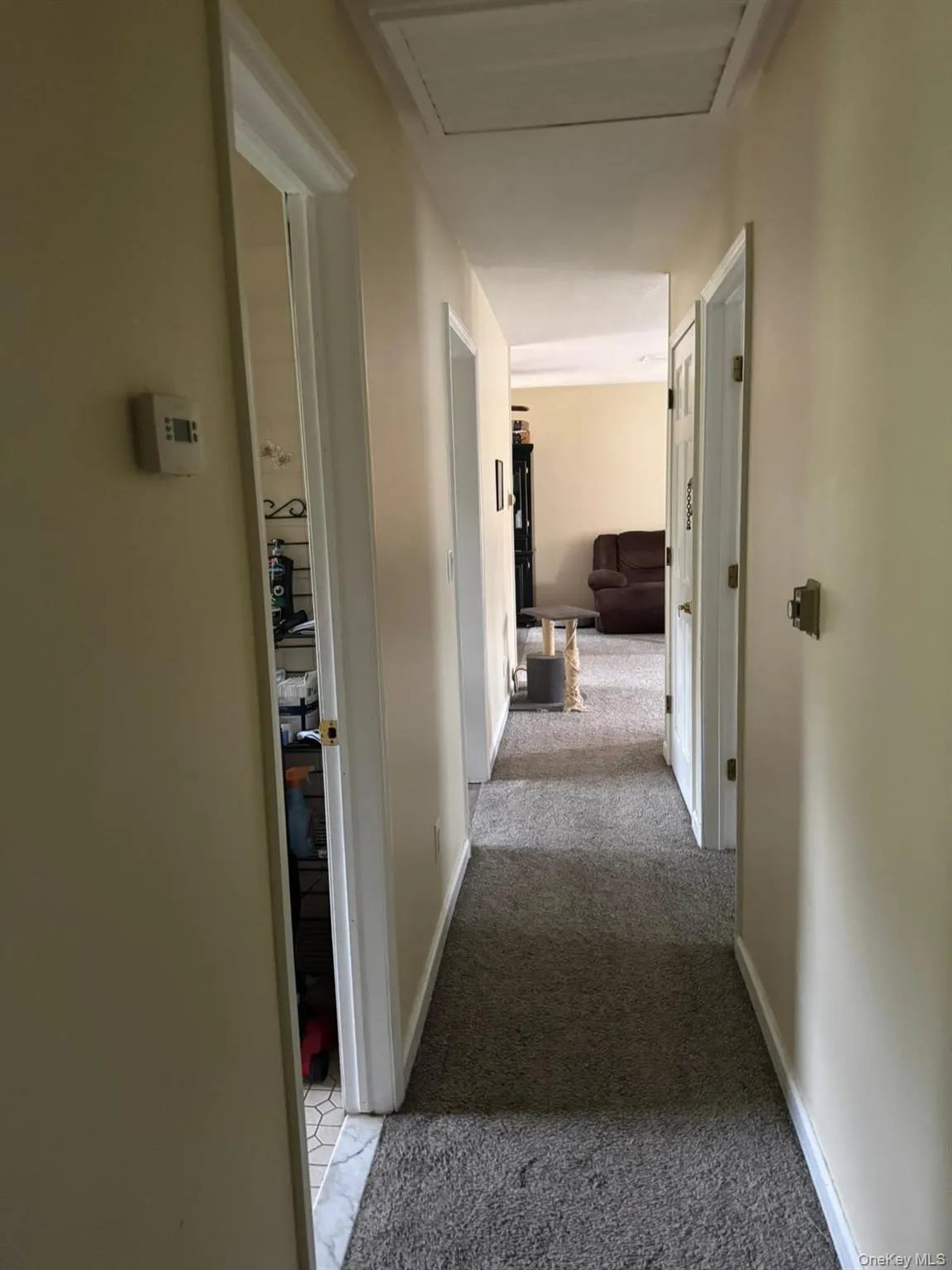 Hallway with light colored carpet and baseboards Hallway with light colored carpet and baseboards