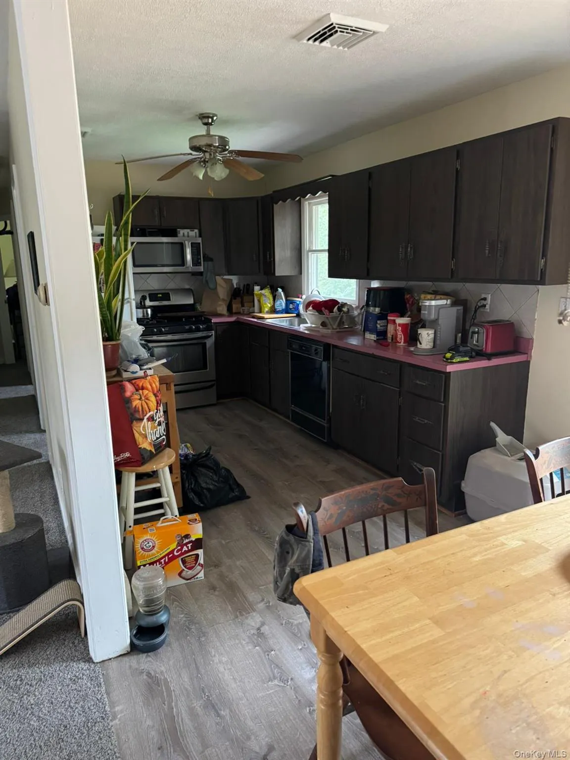 Kitchen featuring stainless steel range with gas stovetop, a textured ceiling, dark wood-style flooring, black dishwasher, and dark countertops Kitchen featuring stainless steel range with gas stovetop, a textured ceiling, dark wood-style flooring, black dishwasher, and dark countertops