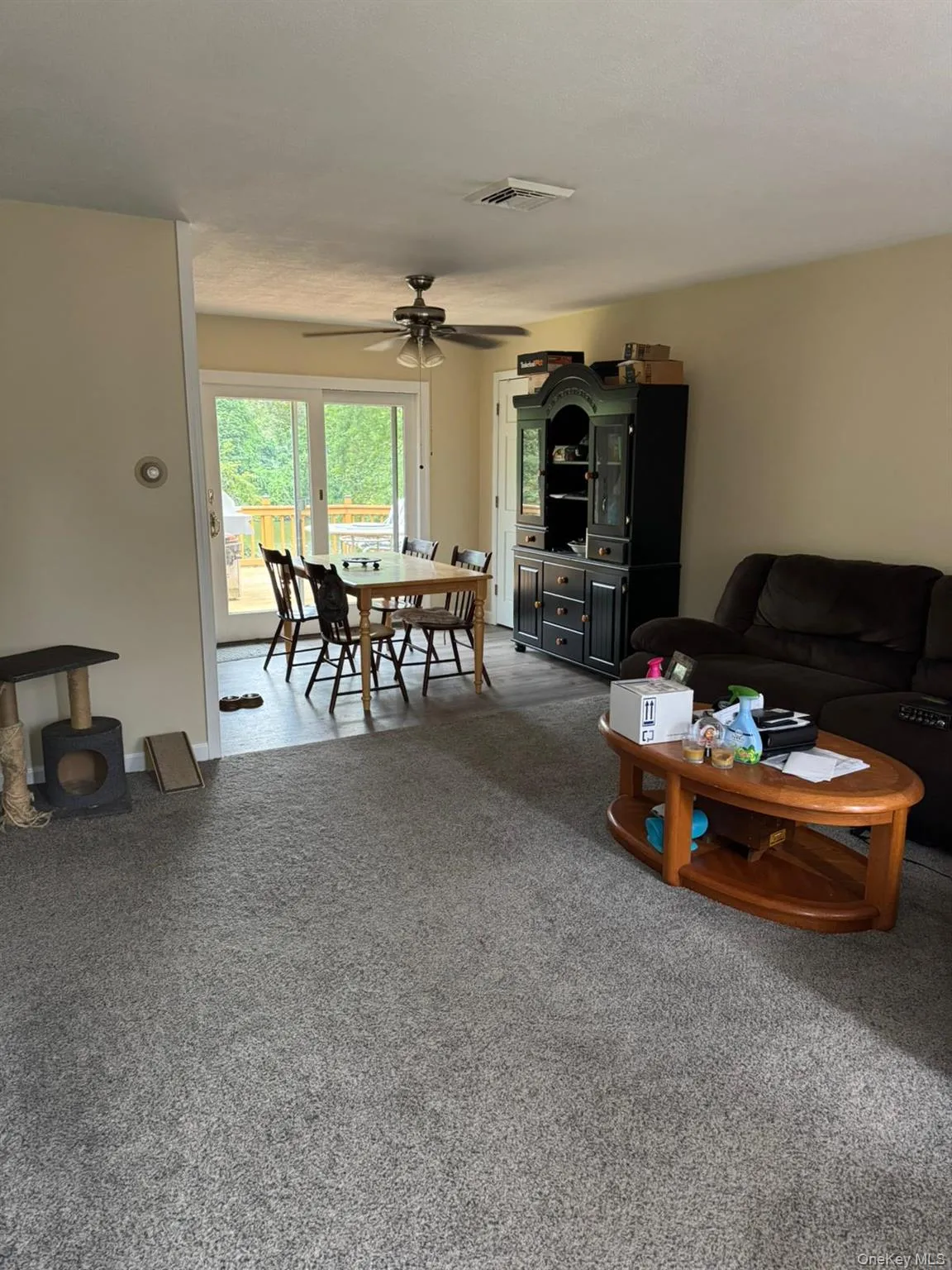 Carpeted living room with a ceiling fan Carpeted living room with a ceiling fan