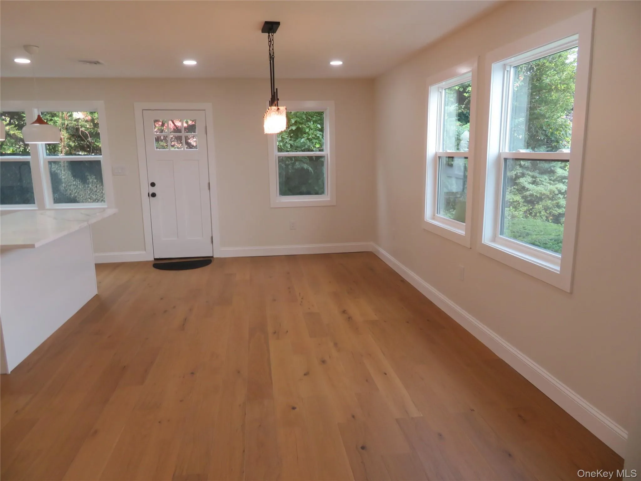 Wood-finish flooring throughout, white framed windows, pendant lighting, white door with decorative glass inserts, and recessed lighting Wood-finish flooring throughout, white framed windows, pendant lighting, white door with decorative glass inserts, and recessed lighting