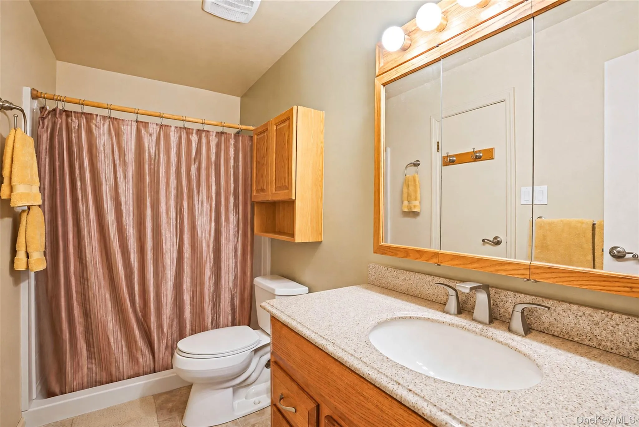 Bathroom featuring a vanity with an integrated sink, dual-handle faucet, and light wood-finish cabinetry Bathroom featuring a vanity with an integrated sink, dual-handle faucet, and light wood-finish cabinetry