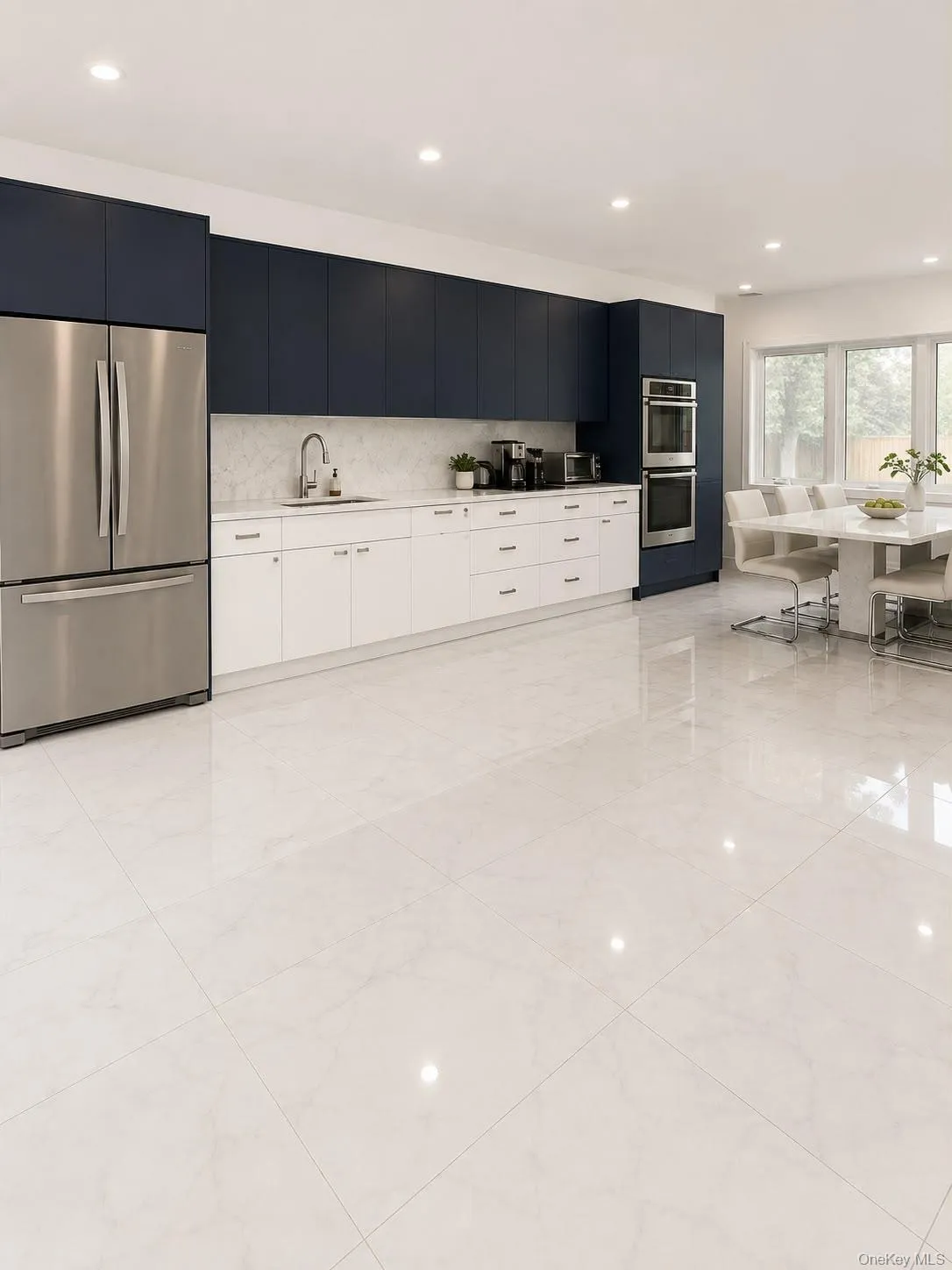 Sleek kitchen featuring dark blue upper cabinetry, white lower cabinetry, stainless steel appliances, and a white countertop with a tiled backsplash Sleek kitchen featuring dark blue upper cabinetry, white lower cabinetry, stainless steel appliances, and a white countertop with a tiled backsplash