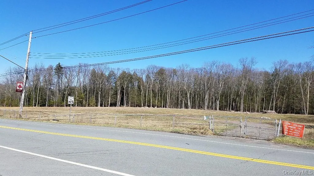 View of asphalt road featuring a view of trees and traffic signs View of asphalt road featuring a view of trees and traffic signs