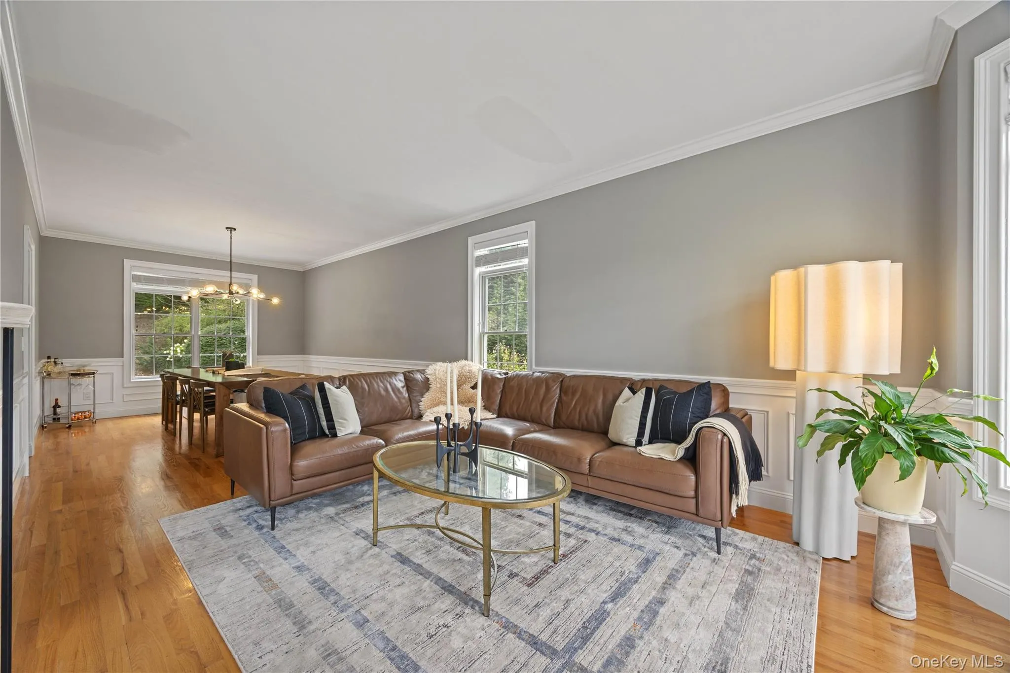 Living area featuring wainscoting, crown molding, healthy amount of natural light, a decorative wall, and light wood-type flooring Living area featuring wainscoting, crown molding, healthy amount of natural light, a decorative wall, and light wood-type flooring