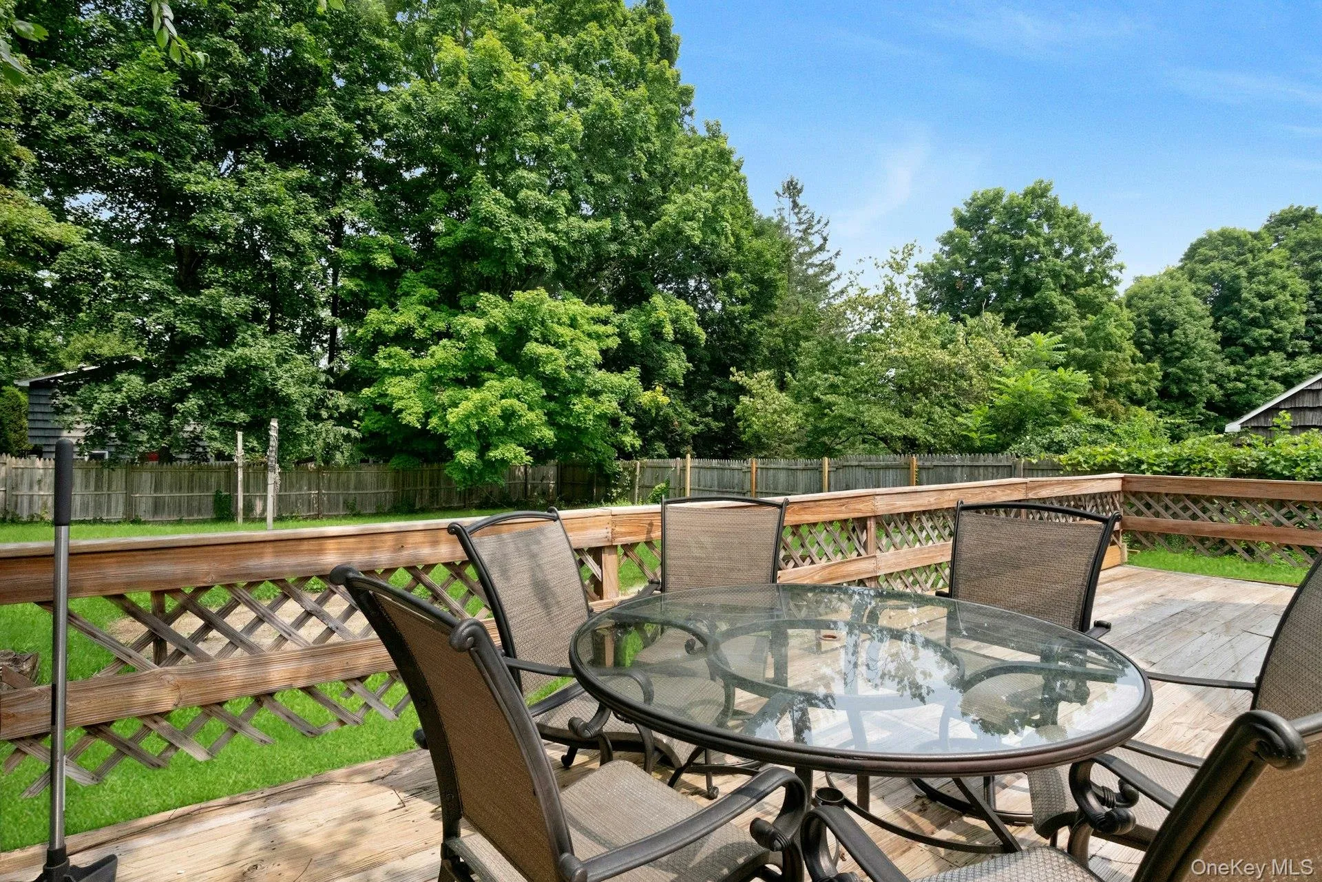 Deck area overlooking the fenced backyard and landscaped grounds. Deck area overlooking the fenced backyard and landscaped grounds.