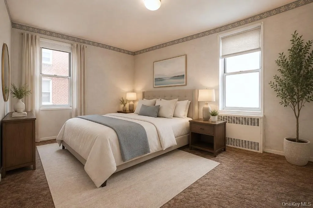 Photo Visually Staged. The primary bedroom is a corner room with Hudson River views and covered hardwood floors. The bedroom is approx. 15'-8" x 14' -3". Photo Visually Staged. The primary bedroom is a corner room with Hudson River views and covered hardwood floors. The bedroom is approx. 15'-8" x 14' -3".