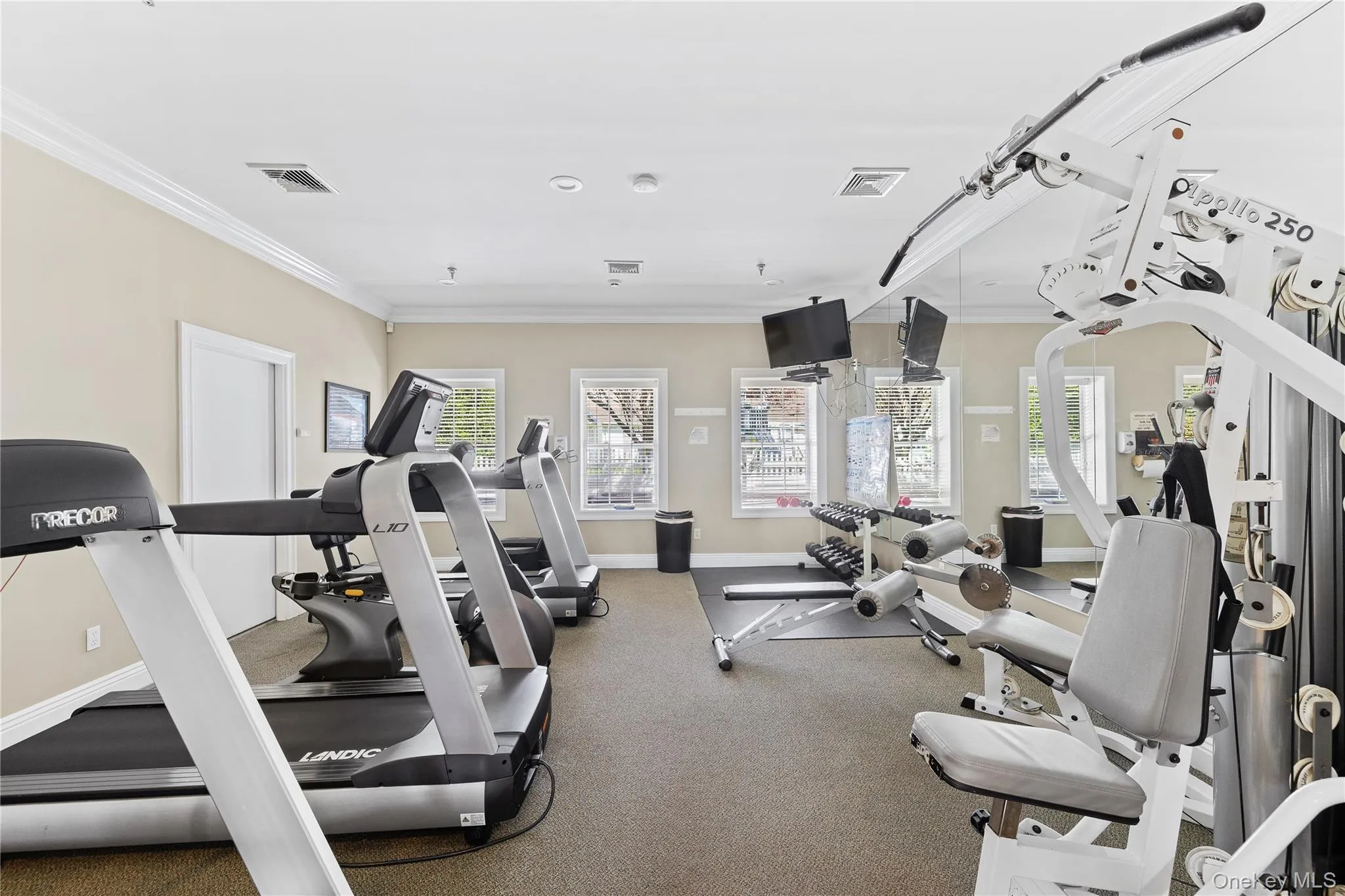 Fitness center featuring multiple treadmills, strength training equipment, mirrored wall, recessed lighting, and crown molding Fitness center featuring multiple treadmills, strength training equipment, mirrored wall, recessed lighting, and crown molding