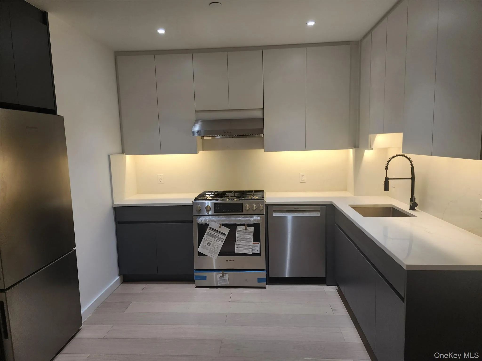 Contemporary kitchen featuring recessed lighting, under-cabinet lighting, stainless steel appliances, and wood-finish flooring Contemporary kitchen featuring recessed lighting, under-cabinet lighting, stainless steel appliances, and wood-finish flooring