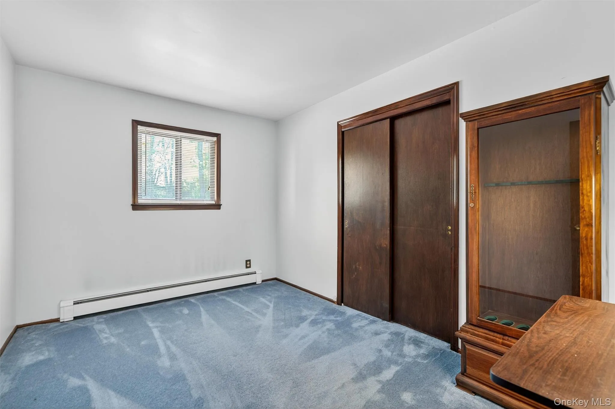Unfurnished bedroom featuring a baseboard radiator, carpet, and a closet Unfurnished bedroom featuring a baseboard radiator, carpet, and a closet