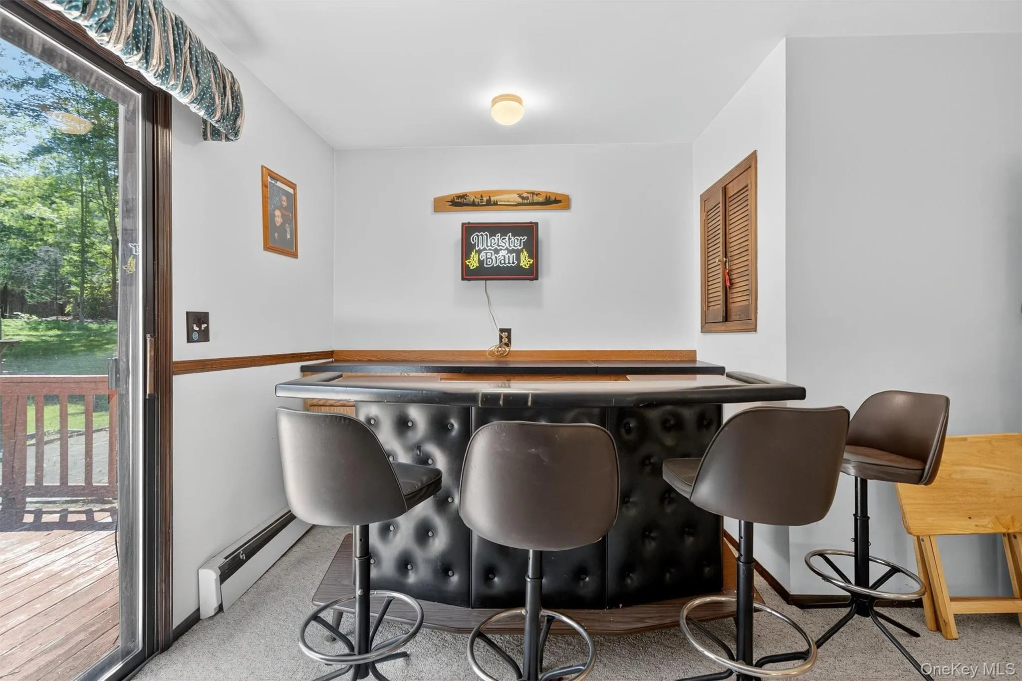 Indoor dry bar with a baseboard heating unit and carpet Indoor dry bar with a baseboard heating unit and carpet