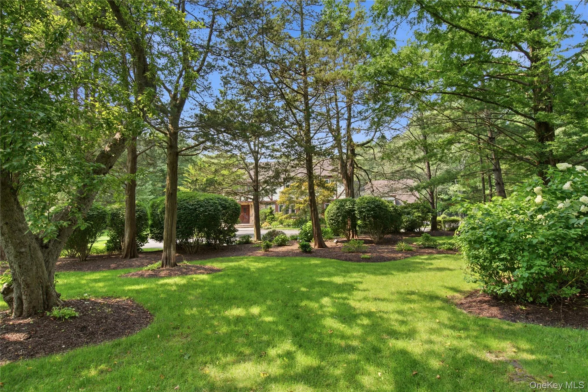 Manicured lawn with mature trees, established shrubbery, and mulched landscaping beds Manicured lawn with mature trees, established shrubbery, and mulched landscaping beds